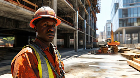 Portrait of a black construction worker dressed in work uniform and wearing a hard hat. He is posing at his work site, a building under constructionの素材