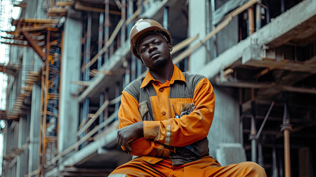 Portrait of a black construction worker dressed in work uniform and wearing a hard hat. He is posing at his work site, a building under constructionの素材