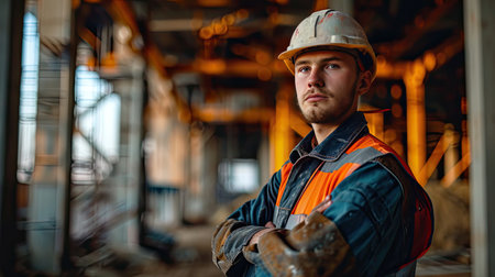 Portrait of a construction worker dressed in work uniform and wearing a hard hat. He is posing at his work site, a building under constructionの素材