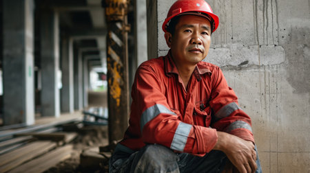 Portrait of an asian construction worker dressed in work uniform and wearing a hard hat. He is posing at his work site, a building under constructionの素材