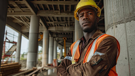 Portrait of a black construction worker dressed in work uniform and wearing a hard hat. He is posing at his work site, a building under constructionの素材