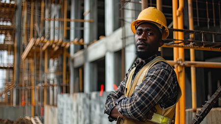 Portrait of a black construction worker dressed in work uniform and wearing a hard hat. He is posing at his work site, a building under constructionの素材