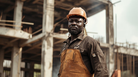 Portrait of a black construction worker dressed in work uniform and wearing a hard hat. He is posing at his work site, a building under constructionの素材