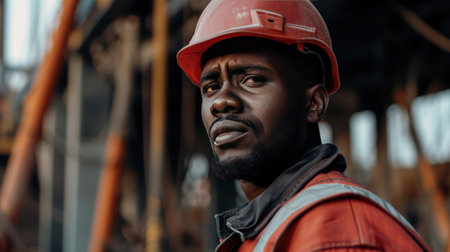 Portrait of a black construction worker dressed in work uniform and wearing a hard hat. He is posing at his work site, a building under constructionの素材