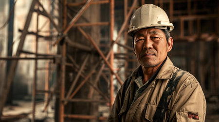 Portrait of an asian construction worker dressed in work uniform and wearing a hard hat. He is posing at his work site, a building under constructionの素材