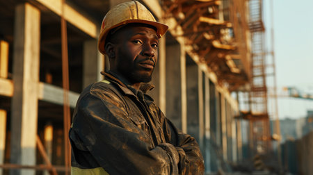 Portrait of a black construction worker dressed in work uniform and wearing a hard hat. He is posing at his work site, a building under constructionの素材