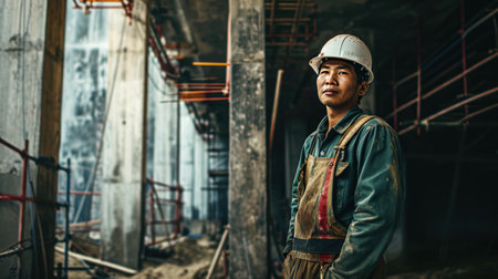 Portrait of an asian construction worker dressed in work uniform and wearing a hard hat. He is posing at his work site, a building under constructionの素材