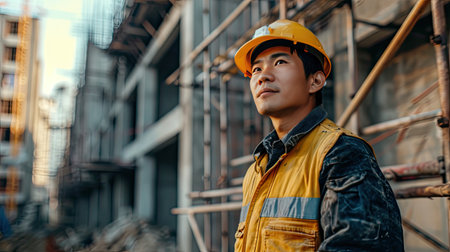 Portrait of an asian construction worker dressed in work uniform and wearing a hard hat. He is posing at his work site, a building under constructionの素材