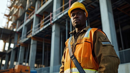 Portrait of a black construction worker dressed in work uniform and wearing a hard hat. He is posing at his work site, a building under constructionの素材