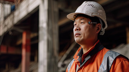 Portrait of an asian construction worker dressed in work uniform and wearing a hard hat. He is posing at his work site, a building under constructionの素材