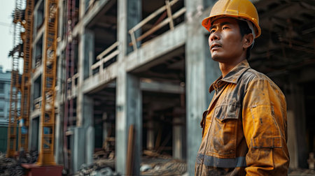 Portrait of an asian construction worker dressed in work uniform and wearing a hard hat. He is posing at his work site, a building under constructionの素材