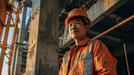 Portrait of an asian construction worker dressed in work uniform and wearing a hard hat. He is posing at his work site, a building under constructionの素材