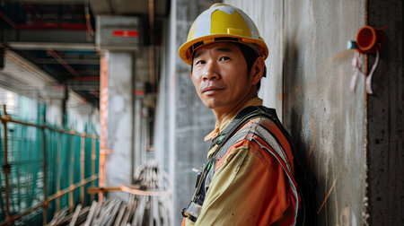 Portrait of an asian construction worker dressed in work uniform and wearing a hard hat. He is posing at his work site, a building under constructionの素材