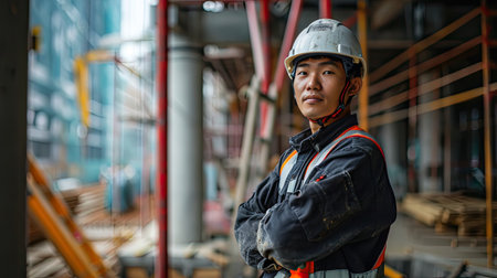 Portrait of an asian construction worker dressed in work uniform and wearing a hard hat. He is posing at his work site, a building under constructionの素材