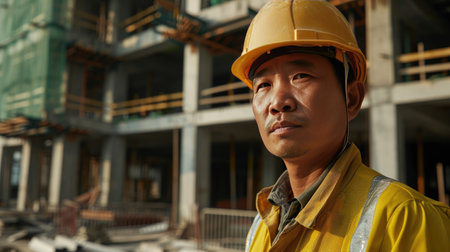 Portrait of an asian construction worker dressed in work uniform and wearing a hard hat. He is posing at his work site, a building under constructionの素材