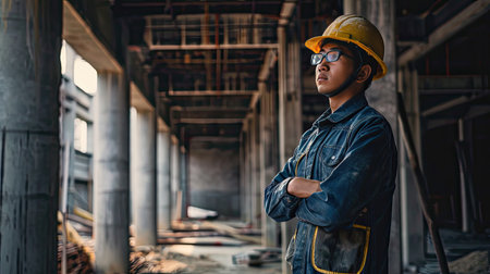 Portrait of an asian construction worker dressed in work uniform and wearing a hard hat. He is posing at his work site, a building under constructionの素材
