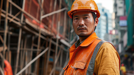 Portrait of an asian construction worker dressed in work uniform and wearing a hard hat. He is posing at his work site, a building under constructionの素材