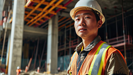 Portrait of an asian construction worker dressed in work uniform and wearing a hard hat. He is posing at his work site, a building under constructionの素材