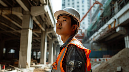 Portrait of an asian construction worker dressed in work uniform and wearing a hard hat. He is posing at his work site, a building under constructionの素材