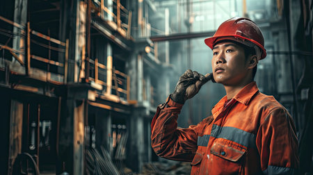 Portrait of an asian construction worker dressed in work uniform and wearing a hard hat. He is posing at his work site, a building under constructionの素材