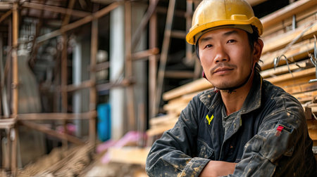 Portrait of an asian construction worker dressed in work uniform and wearing a hard hat. He is posing at his work site, a building under constructionの素材