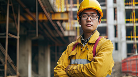 Portrait of an asian construction worker dressed in work uniform and wearing a hard hat. He is posing at his work site, a building under constructionの素材