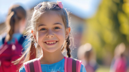 Portrait of a child girl on her first day at school.の素材