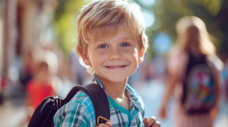Portrait of a child boy on his first day at school.の素材
