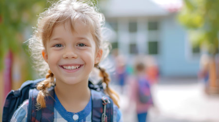 Portrait of a child girl on her first day at school.の素材