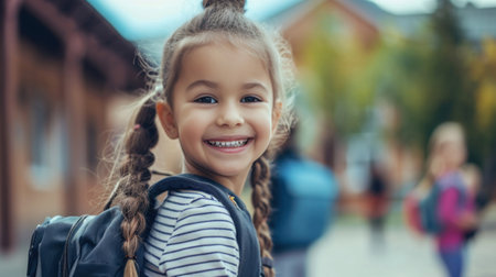 Portrait of a child girl on her first day at school.の素材