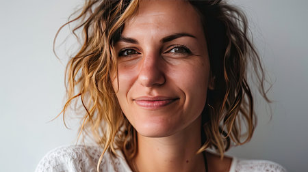 Portrait of a happy middle-aged woman looks in camera on white background.の素材
