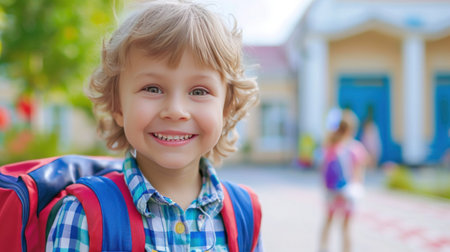 Portrait of a child boy on his first day at school.の素材