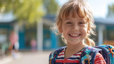 Portrait of a child girl on her first day at school.の素材