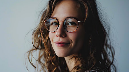 Portrait of a happy middle-aged woman looks in camera on white background.の素材