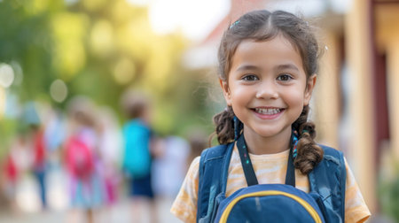 Portrait of a child girl on her first day at school.の素材
