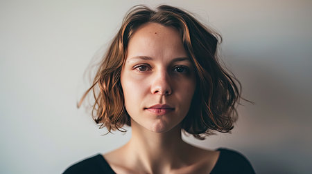 Portrait of a happy middle-aged woman looks in camera on white background.の素材