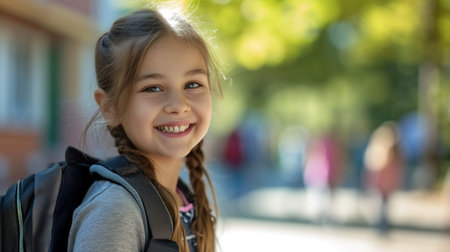 Portrait of a child girl on her first day at school.の素材