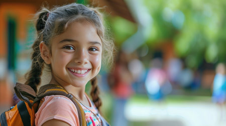 Portrait of a child girl on her first day at school.の素材