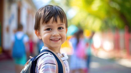 Portrait of a child boy on his first day at school.の素材