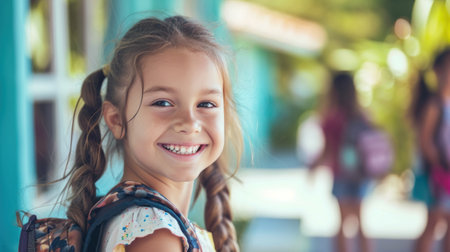 Portrait of a child girl on her first day at school.の素材