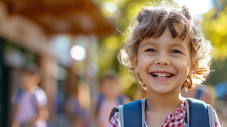 Portrait of a child boy on his first day at school.の素材