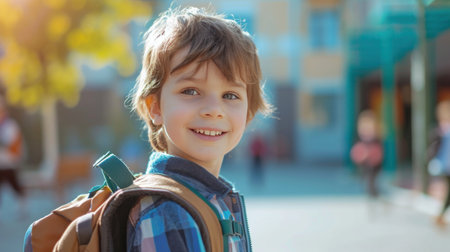 Portrait of a child boy on his first day at school.の素材