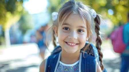 Portrait of a child girl on her first day at school.の素材