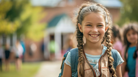 Portrait of a child girl on her first day at school.の素材