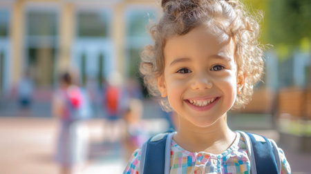 Portrait of a child girl on her first day at school.の素材