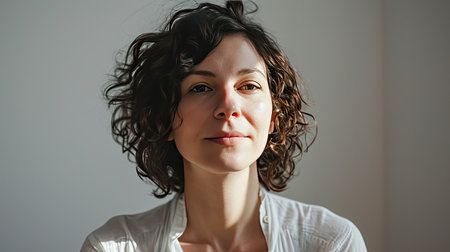 Portrait of a happy middle-aged woman looks in camera on white background.の素材