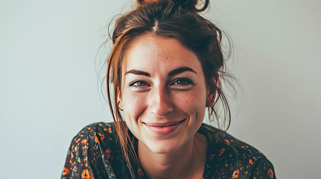 Portrait of a happy middle-aged woman looks in camera on white background.の素材