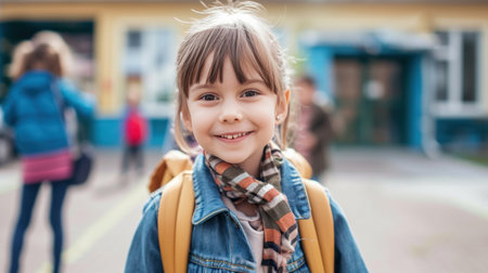Portrait of a child girl on her first day at school.の素材