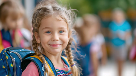 Portrait of a child girl on her first day at school.の素材