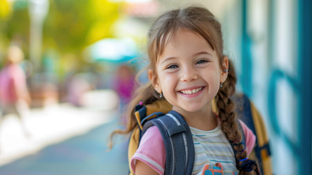 Portrait of a child girl on her first day at school.の素材